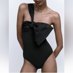Zara Black One-Shoulder Bow Bodysuit